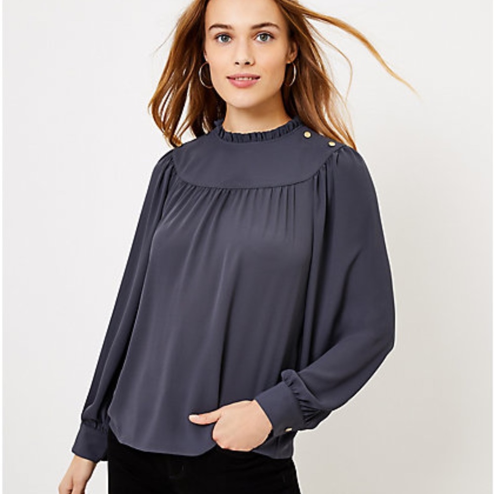 LOFT Petite Ruffle Neck Bib Blouse Coastal Grey Semi Balloon Sleeve Blouse XXS